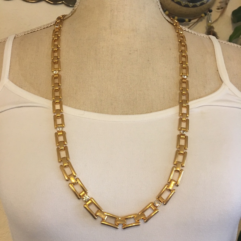 Shiny gold link rhinestone accent long necklace